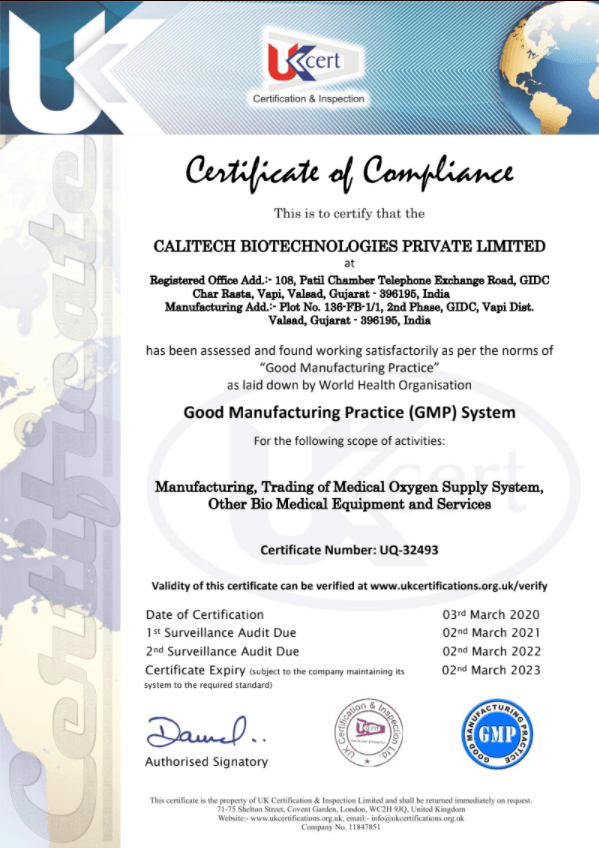 Certificate of Compliance from Good Manufacturing Practice (GMP) System